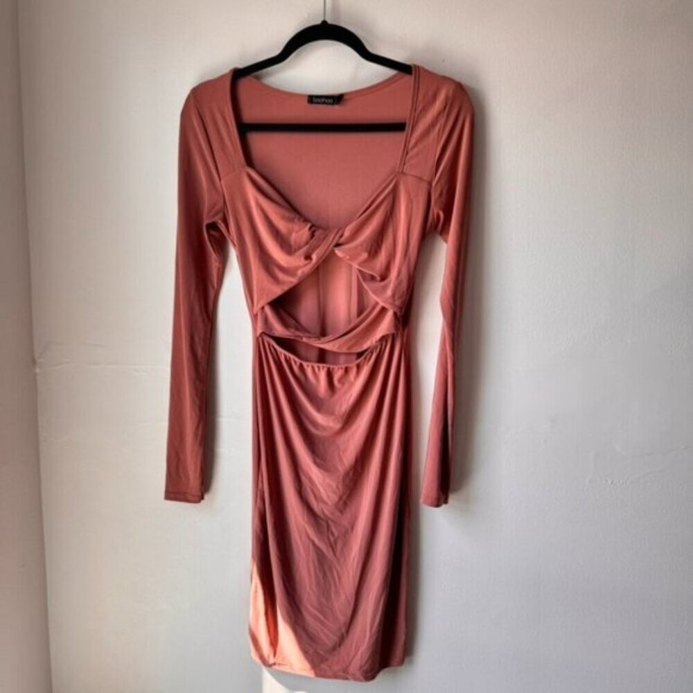 Boohoo Rose Pink Cut-Out Bodycon Dress | Long Sleeve | Size US 8